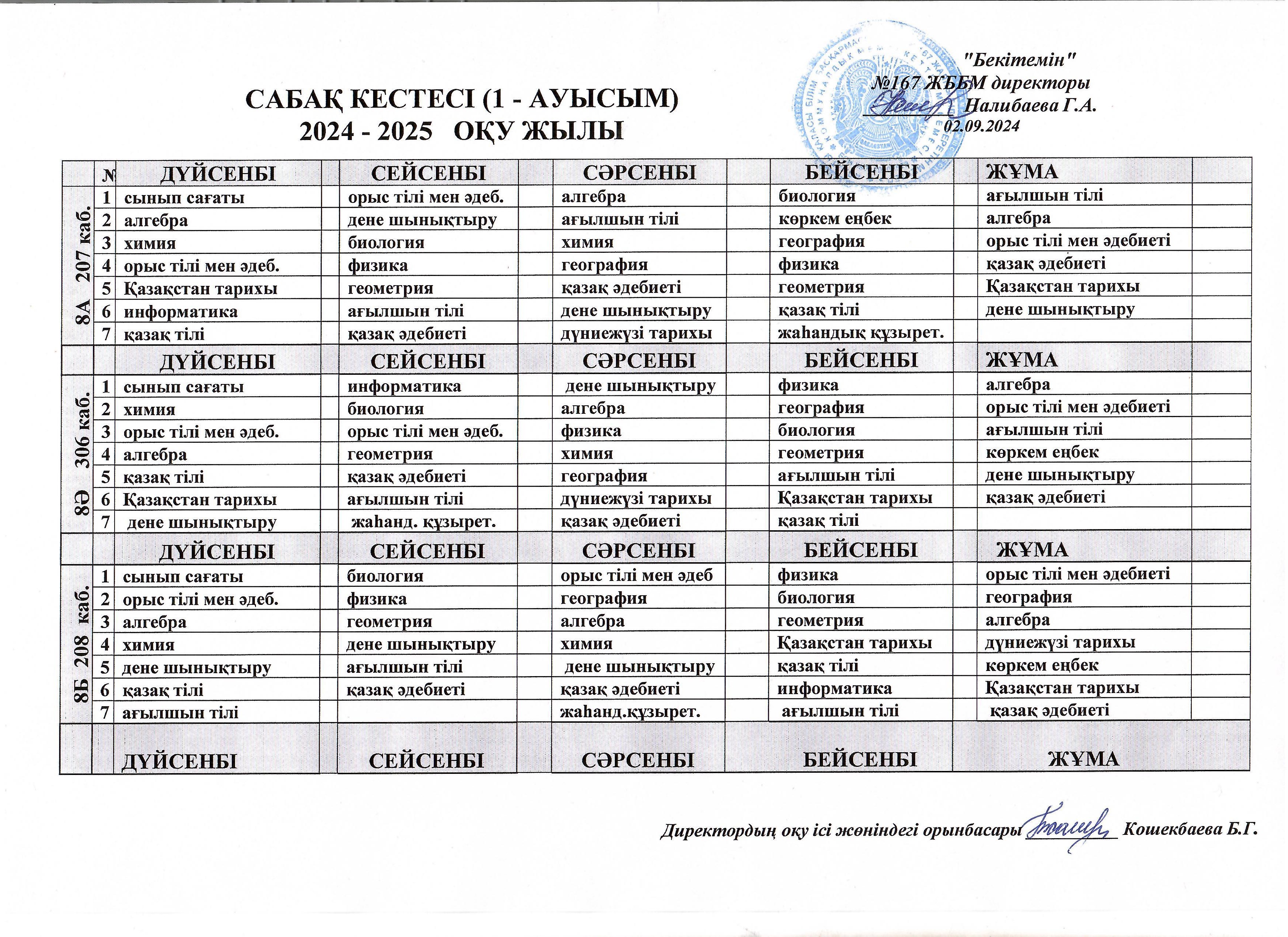 2024-2025 оқу жылына арналған сабақ кестесі